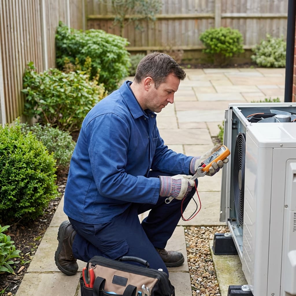 Technicien réparant une pompe à chaleur