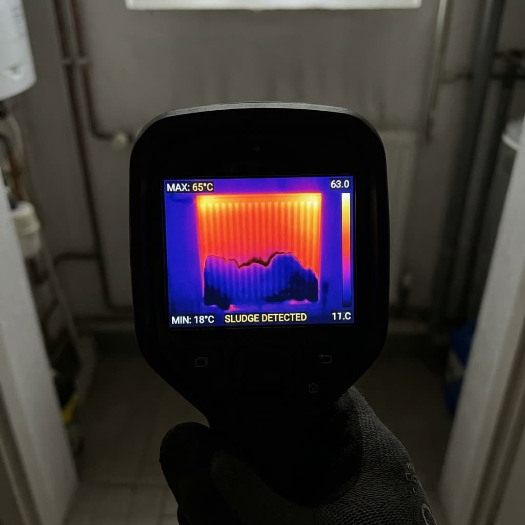 Caméra thermique montrant un radiateur emboué (froid en bas)